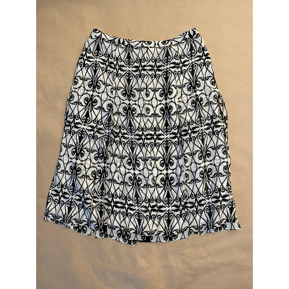 Vintage Talbots Y2K 100% Silk Midi Skirt Sz 10 Black White Damask Print Luxury